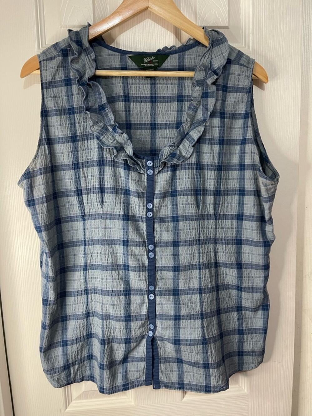 Woolrich Grey Blue Plaid Ruffle neck Button front Preppy Retro Tank Large